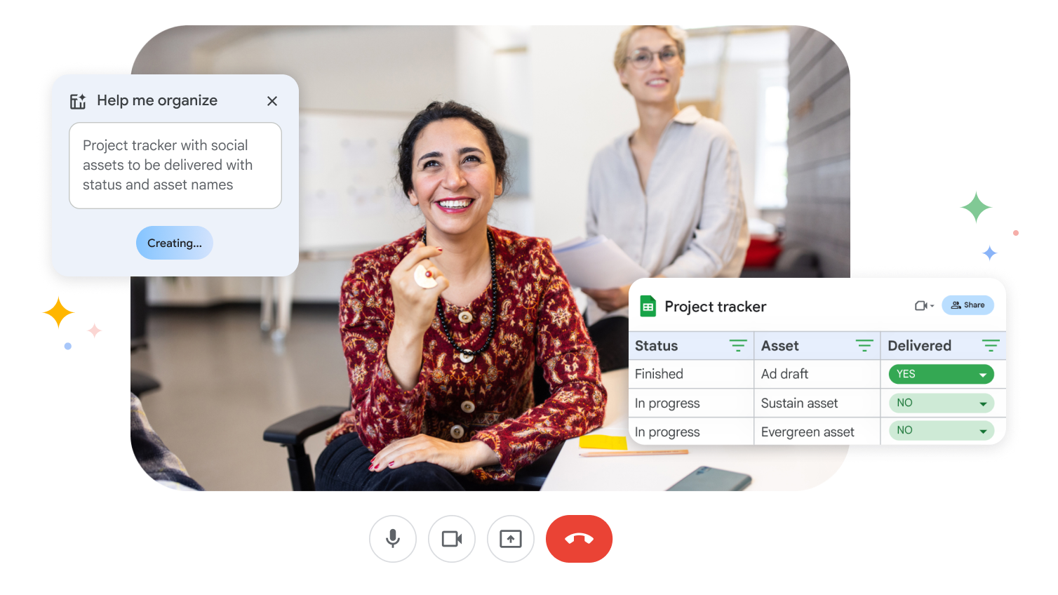 Smiling coworkers use Gemini to create campaign tracker in Google Sheets