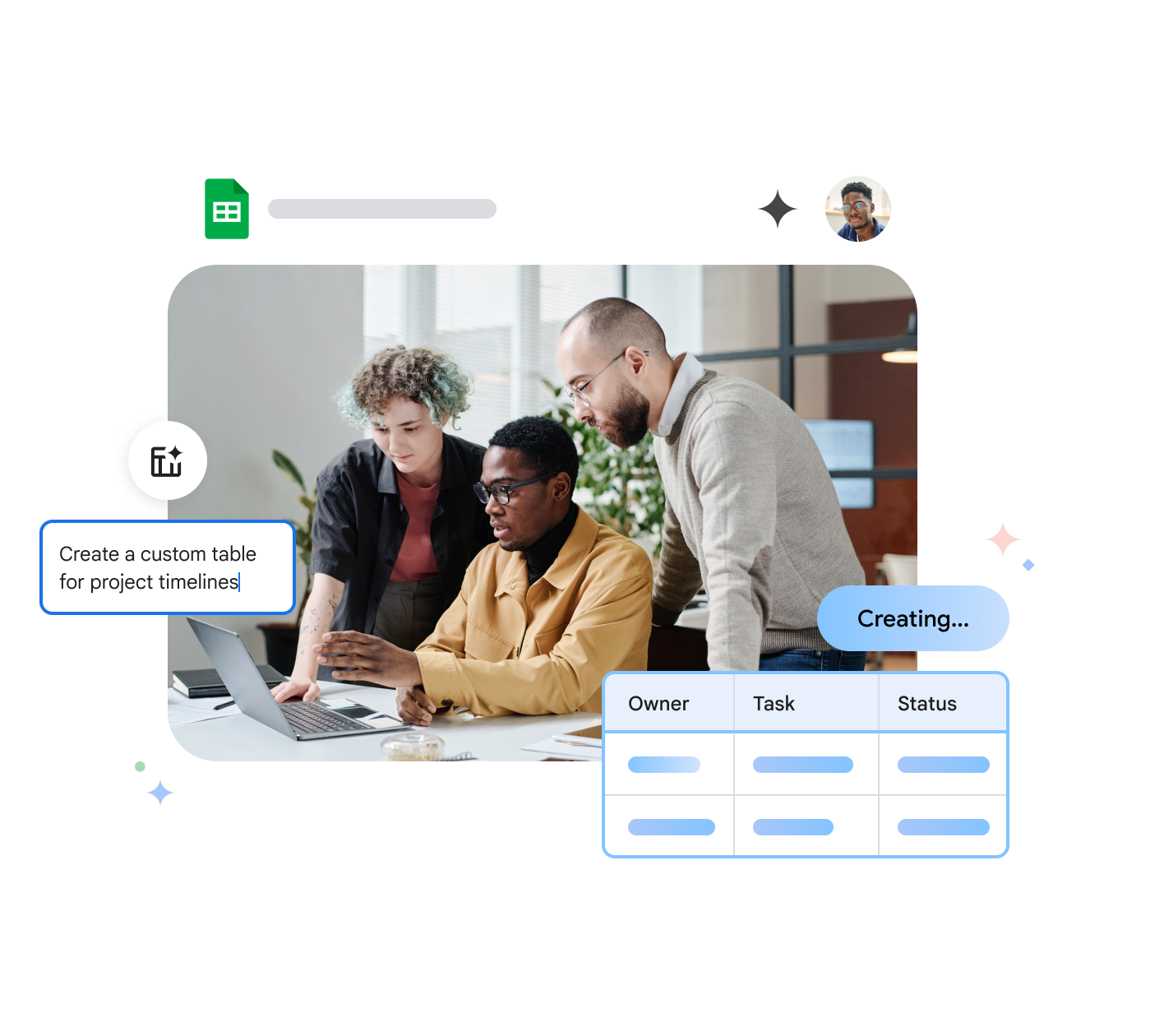 Gemini in Google Workspace creating a project management tracking Sheet, three business people collaborating at computer