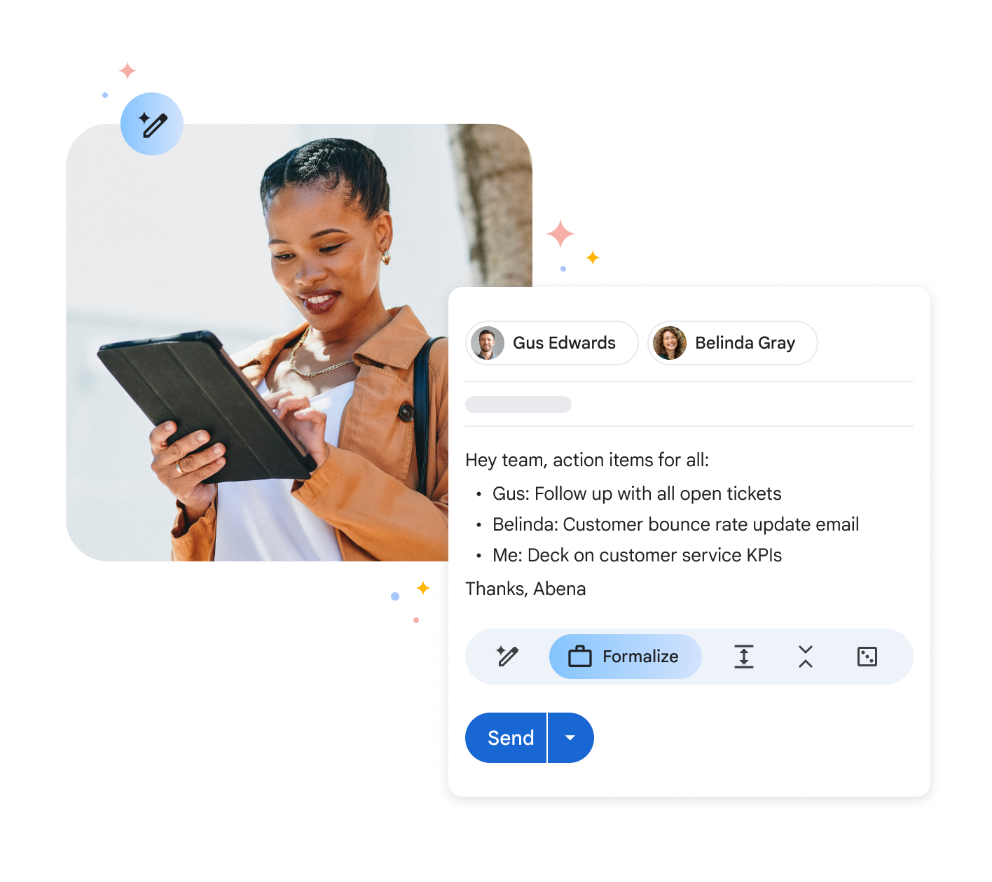 Gemini generates a follow-up email, shown with woman on tablet