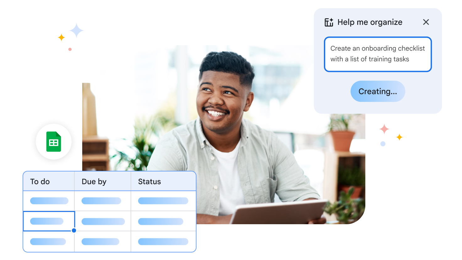 unnamed (8) Gemini creates an onboarding checklist with 'help me organise', shown with a man at a laptop